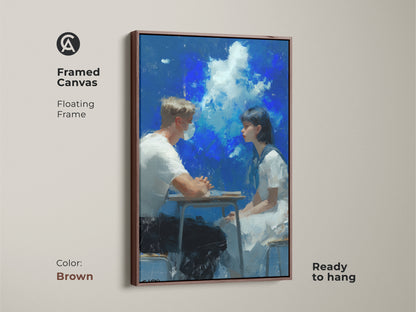 Framed canvas artwork featuring a modern oil painting. A young couple is sitting at a table. The artwork has a floating brown frame and is ready to hang. The backdrop is a cloudy blue sky. Enhance your home with this elegant and contemporary piece.