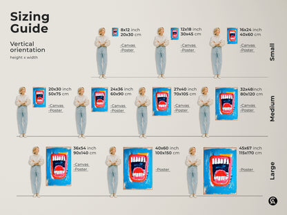 Sizing guide for the mouth artwork. Vertical orientation options are available in small medium and large. Select from canvas or poster prints to fit your space. Find the perfect size for your art collection.