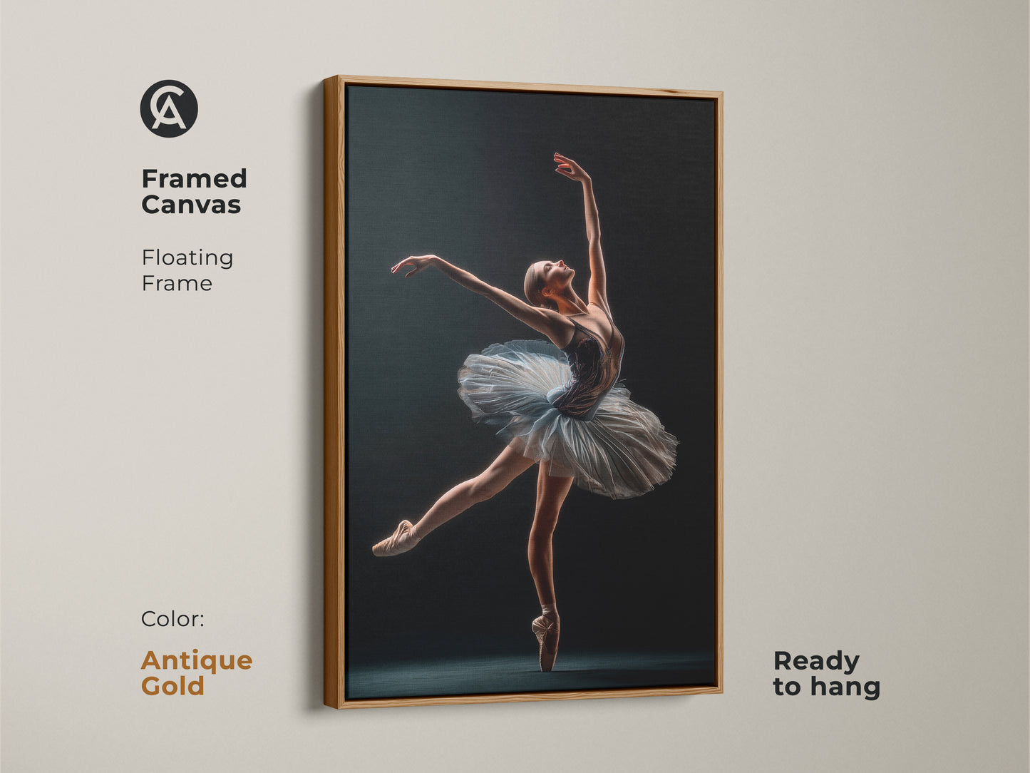 Antique gold framed canvas art featuring a ballerina. The floating frame adds a touch of luxury. This ready-to-hang artwork enhances your decor. It's ideal for dance enthusiasts and art collectors.