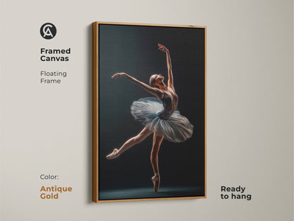 Antique gold framed canvas art featuring a ballerina. The floating frame adds a touch of luxury. This ready-to-hang artwork enhances your decor. It's ideal for dance enthusiasts and art collectors.