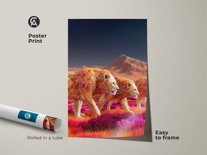 Poster print showcasing a geometric lion artwork. This vibrant savanna landscape print comes rolled in a tube. It's easy to frame and adds a boho touch to any room. The earthy ochre and tangerine art captures the wild beauty of Africa. This wildlife canvas is a unique wall decor.