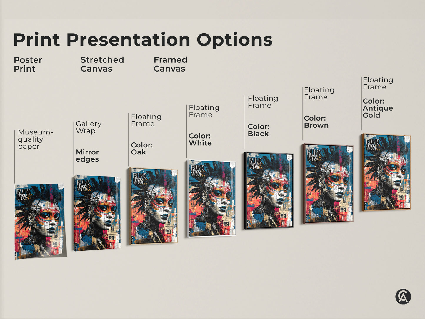 Explore presentation options for punk mask graffiti artwork prints. Choose from poster prints stretched canvases and framed canvases. Each features an urban street art aesthetic with blue black and red abstract faces. Find the perfect alternative art print to complement your eclectic decor style and music lover vibe.