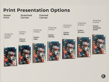 Explore presentation options for punk mask graffiti artwork prints. Choose from poster prints stretched canvases and framed canvases. Each features an urban street art aesthetic with blue black and red abstract faces. Find the perfect alternative art print to complement your eclectic decor style and music lover vibe.