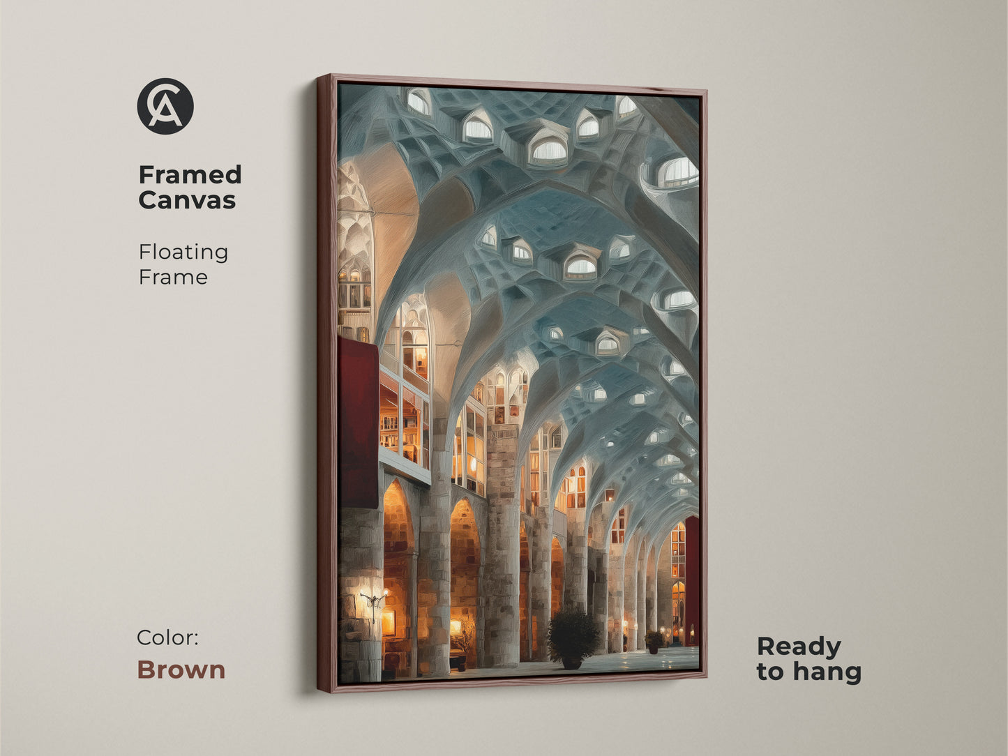 Framed canvas of Gothic Arches Wall Art with a brown floating frame. This art nouveau architectural print in teal blue and gray tones adds a sophisticated touch. Ready to hang and ideal for eclectic decor. Perfect landmark art for travel enthusiasts.