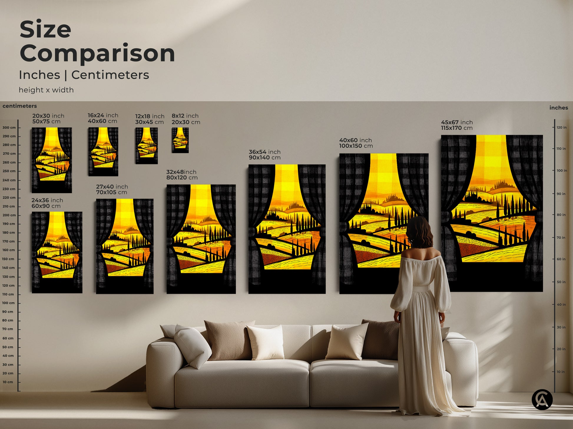 Size comparison of Tuscan landscape art prints. See how different sizes of this golden artwork look above a sofa. This modern folk canvas art is perfect for adding Italian charm to your living space and is an ideal housewarming gift.