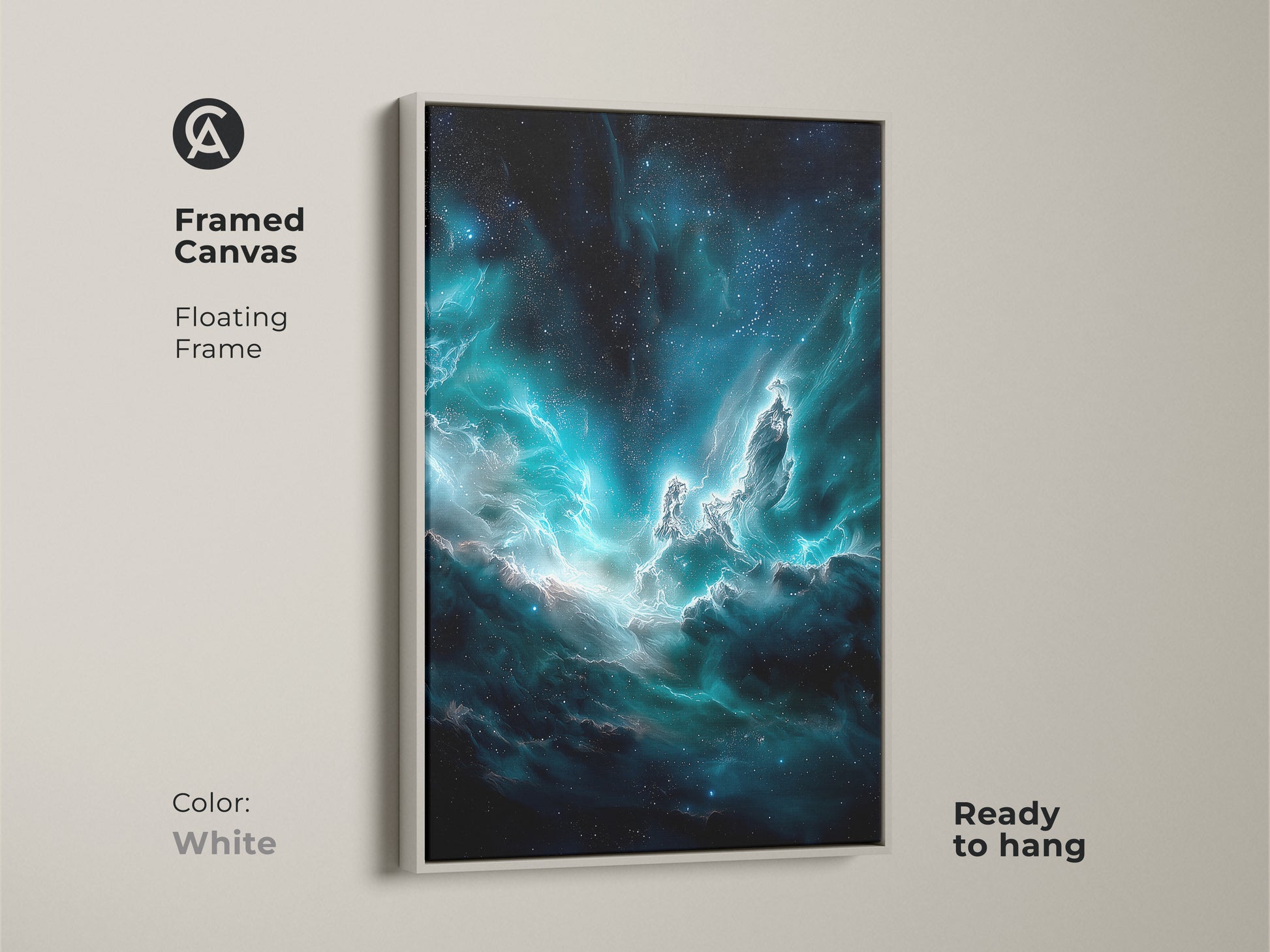 A white frame showcases deep blue nebula canvas art with floating frame. The teal galaxy print brings cosmic dust to any wall. Ideal for adding celestial space artwork this piece is ready to hang. It complements contemporary or minimalist decor.