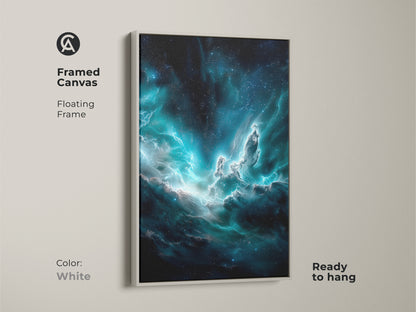 A white frame showcases deep blue nebula canvas art with floating frame. The teal galaxy print brings cosmic dust to any wall. Ideal for adding celestial space artwork this piece is ready to hang. It complements contemporary or minimalist decor.