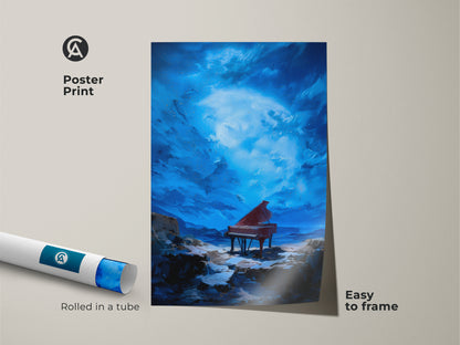 A poster print of a surreal grand piano landscape. The art is easy to frame. It features a dreamy celestial sky in blues. The crimson red piano adds a pop of color. This music themed gift is rolled in a tube. It's ideal for eclectic bedroom art and artistic wall hanging.