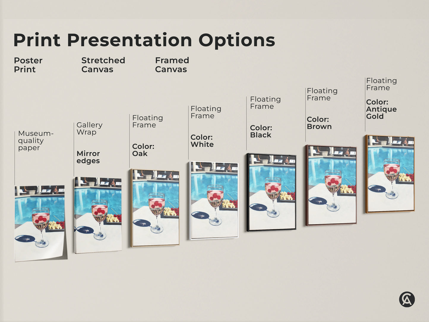 Explore print presentation options for poolside raspberry wine artwork. Choose from poster stretched or framed canvas. Various frame colors available including black brown antique gold oak and white. Find the perfect style for your space.