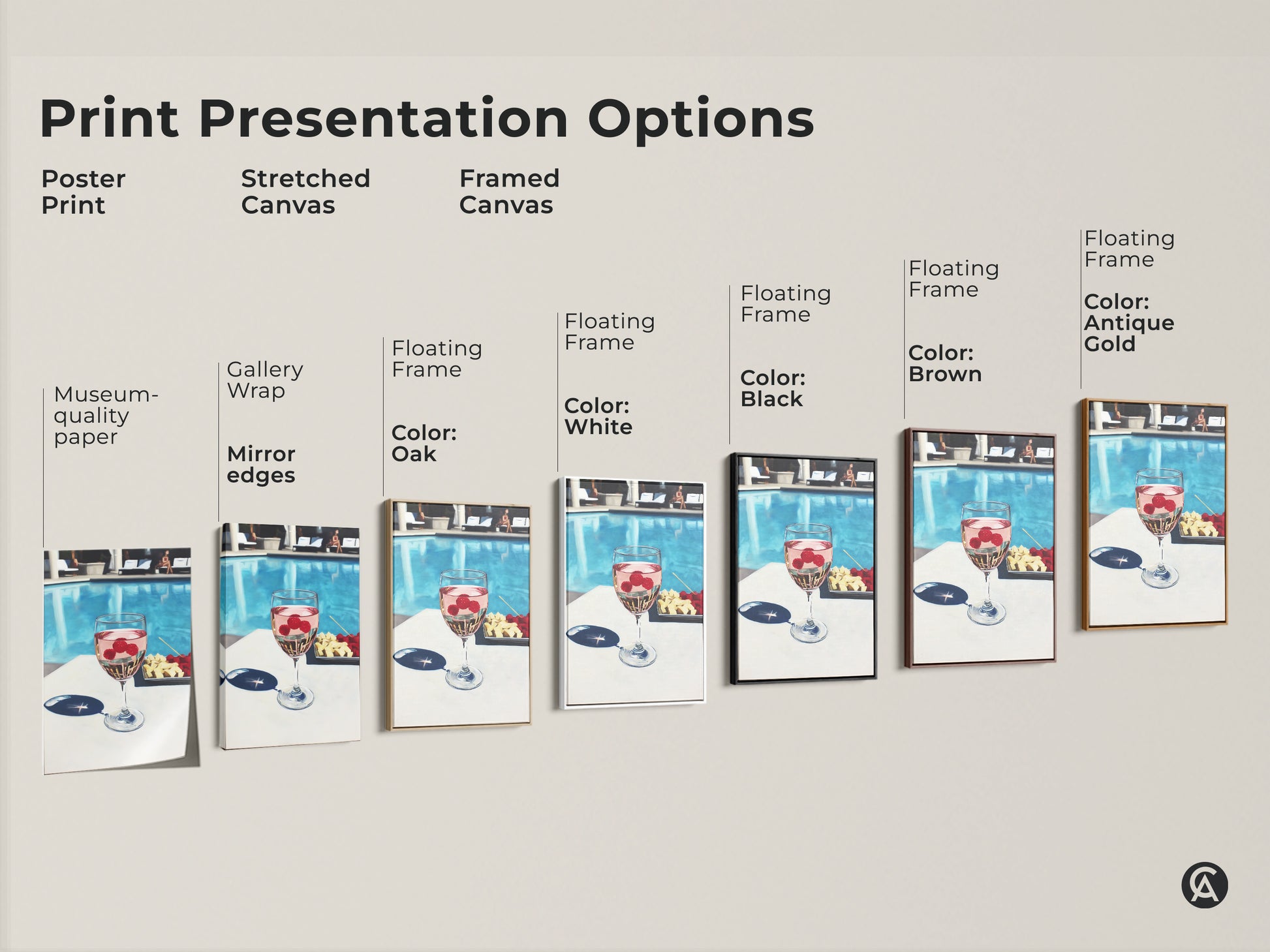 Explore print presentation options for poolside raspberry wine artwork. Choose from poster stretched or framed canvas. Various frame colors available including black brown antique gold oak and white. Find the perfect style for your space.