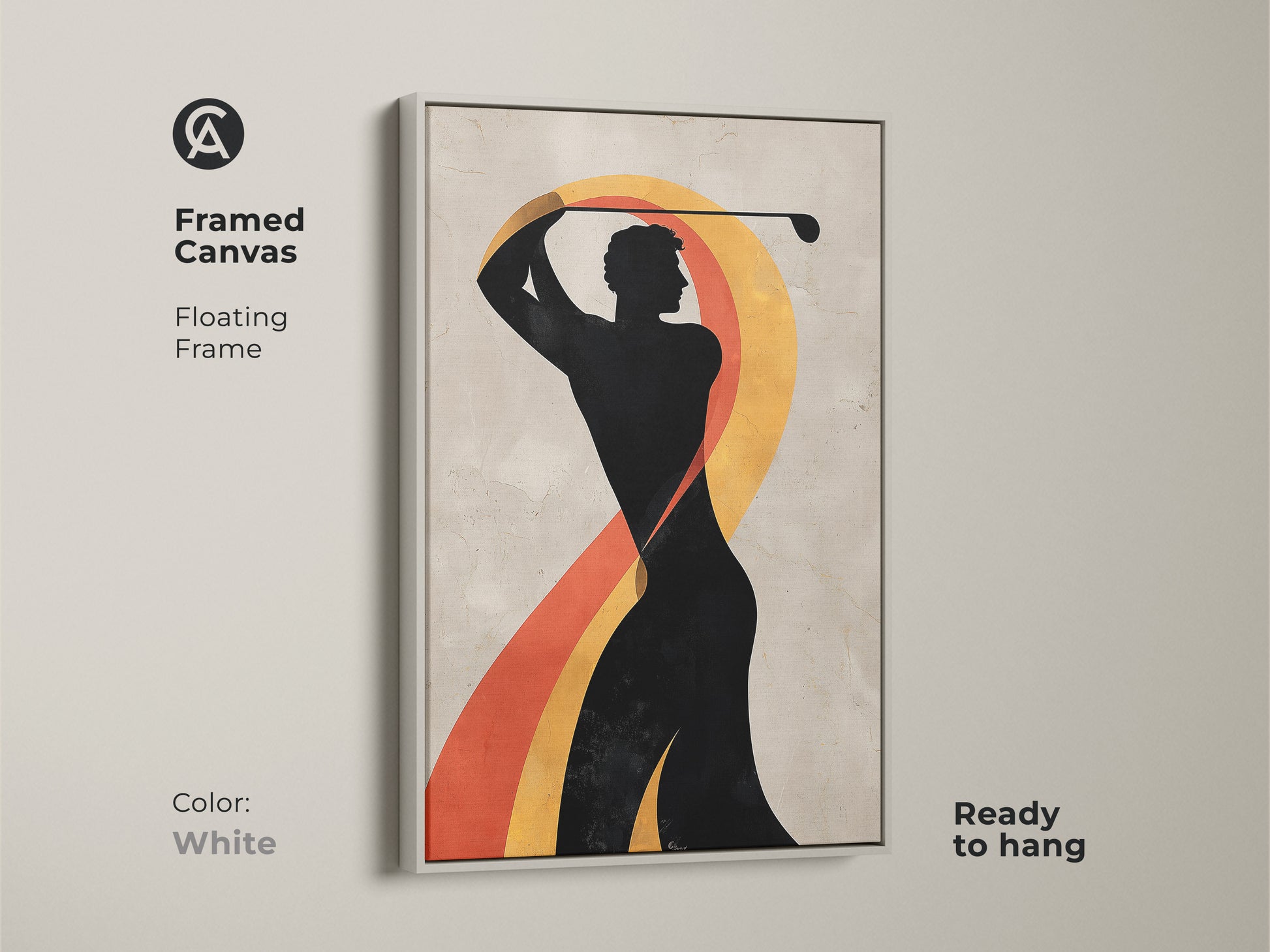 Framed white canvas showcasing an abstract golfer artwork. Stylish sports wall decor. Contemporary golfer art. Perfect as a Father's Day gift. Sports themed home decor.