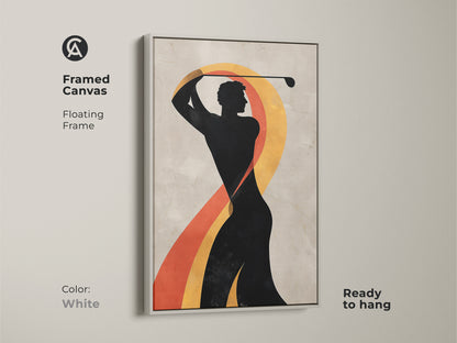 Framed white canvas showcasing an abstract golfer artwork. Stylish sports wall decor. Contemporary golfer art. Perfect as a Father's Day gift. Sports themed home decor.