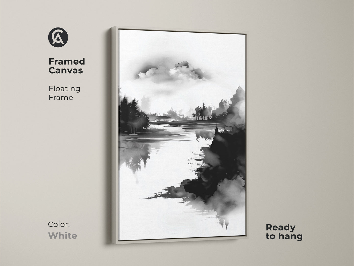 Framed canvas with a white floating frame featuring minimalist forest lake art. The black and white nature print provides a contemporary look. Ready to hang this ink wash landscape art complements any modern decor. A calming piece for a serene home atmosphere.