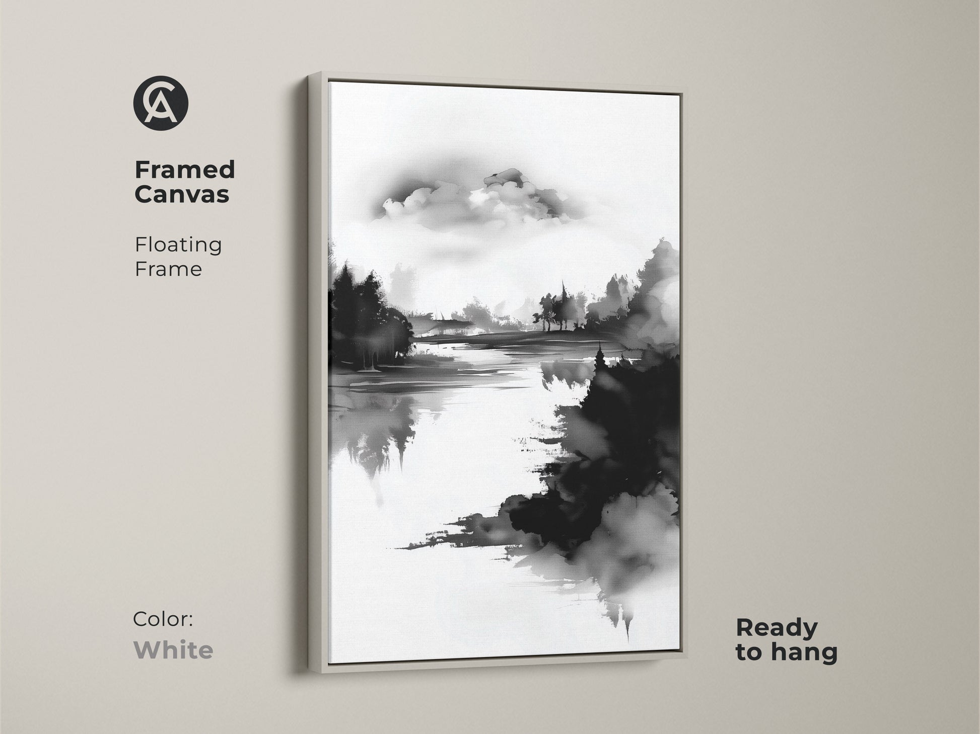 Framed canvas with a white floating frame featuring minimalist forest lake art. The black and white nature print provides a contemporary look. Ready to hang this ink wash landscape art complements any modern decor. A calming piece for a serene home atmosphere.