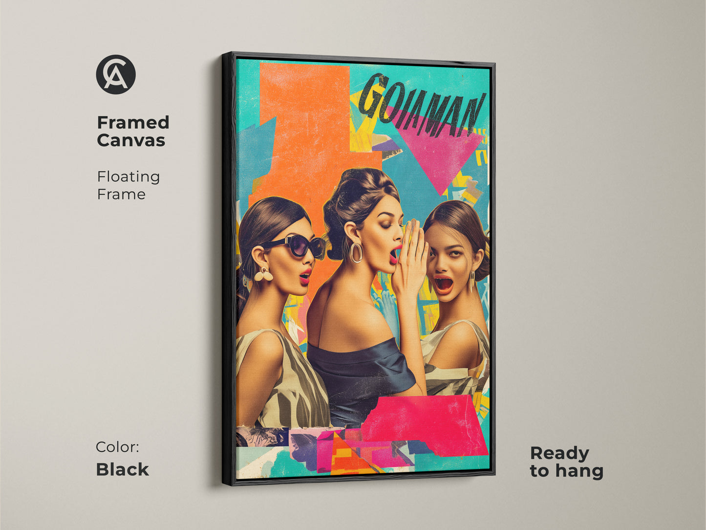 Framed canvas in black showcasing retro collage art. This pop art print of gossiping ladies adds a modern eclectic touch. A unique wall hanging ready to enhance your entryway decor.