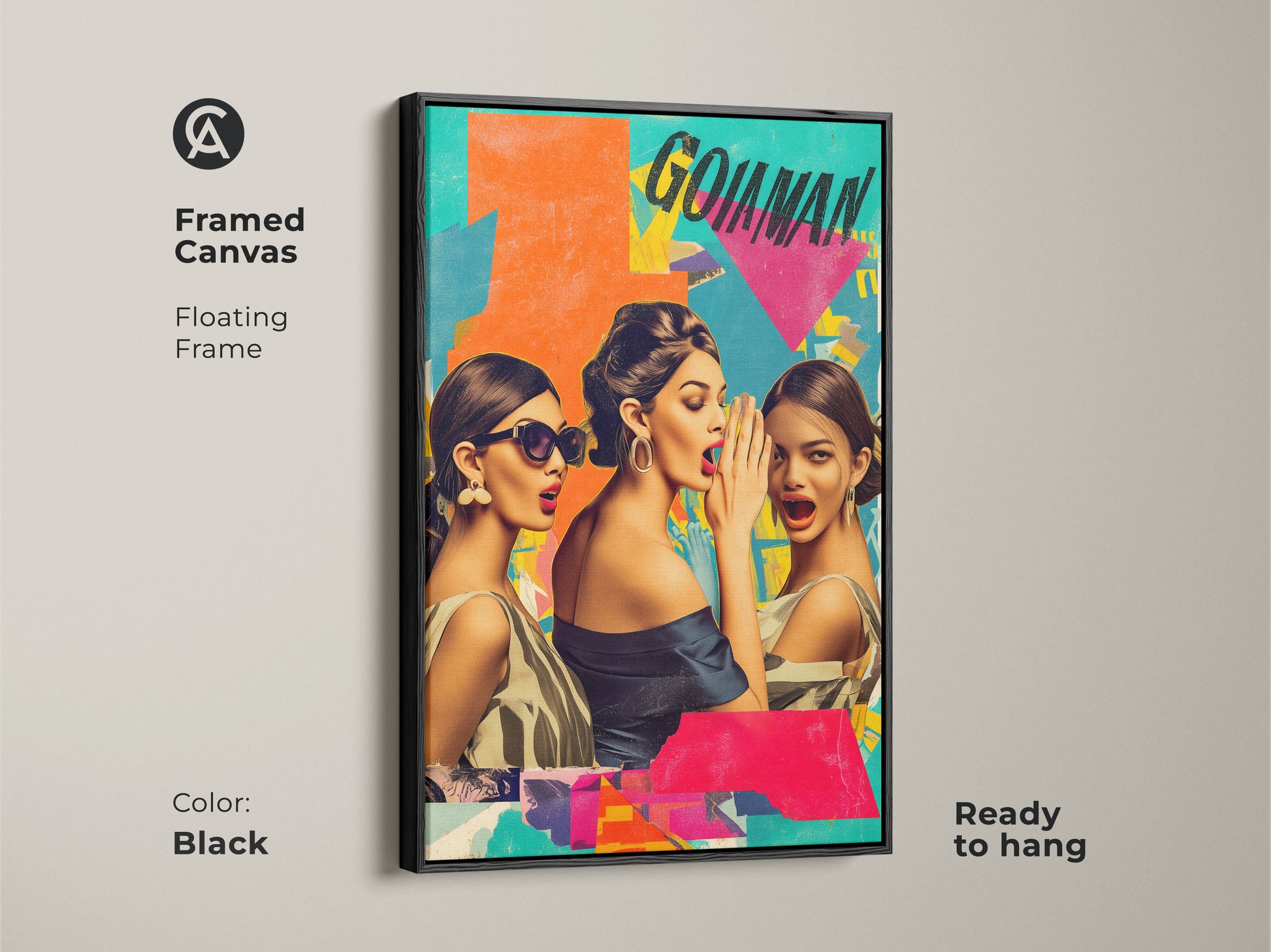 Framed canvas in black showcasing retro collage art. This pop art print of gossiping ladies adds a modern eclectic touch. A unique wall hanging ready to enhance your entryway decor.