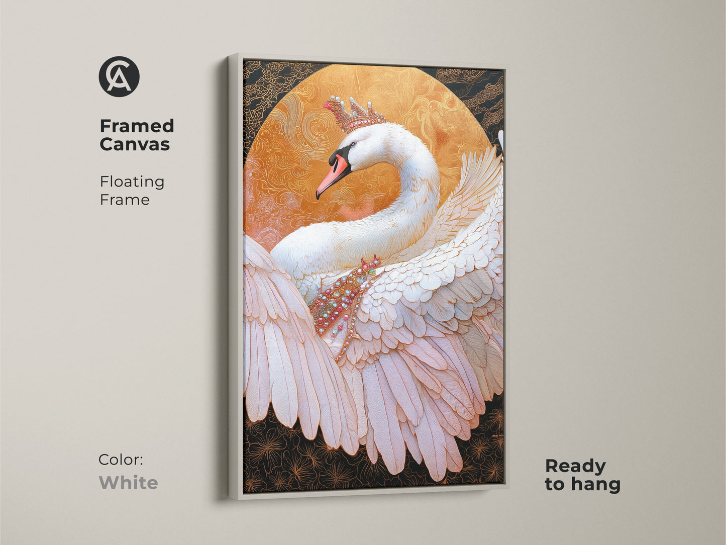White Framed Canvas with a crowned swan. It adds a touch of royalty to any room. Regal swan wall art. Fantasy bird artwork makes a great swan lover gift. Gold and white swan makes for opulent wall hanging. This is ready to hang for easy install.