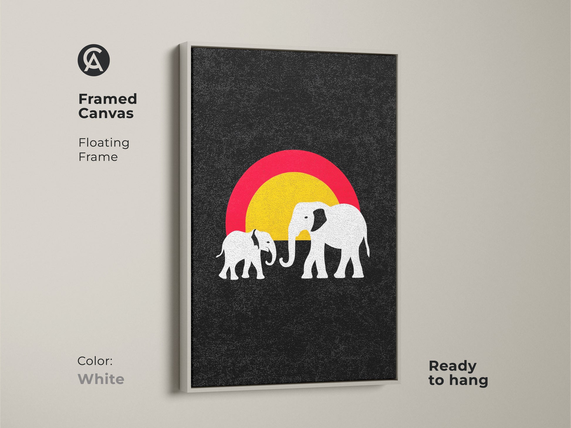 White framed canvas featuring minimalist elephant artwork. This abstract sun art print is ready to hang. The white frame provides a clean modern look. It is an ideal graphic nursery art piece.