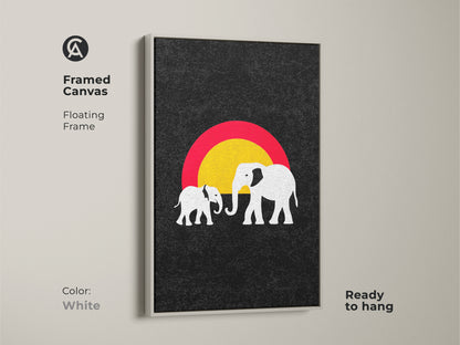 White framed canvas featuring minimalist elephant artwork. This abstract sun art print is ready to hang. The white frame provides a clean modern look. It is an ideal graphic nursery art piece.