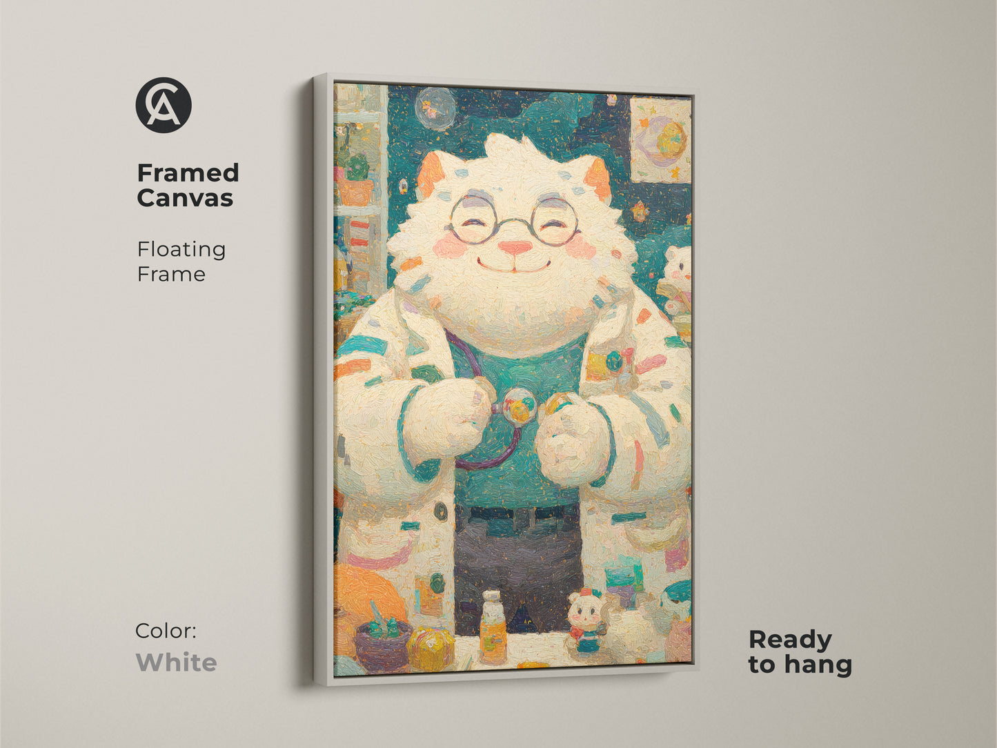 Framed canvas art showcasing a cat doctor with glasses and lab coat. A white floating frame enhances this ready to hang artwork. This charming piece is a delightful addition to any room. Ideal for kids or playful spaces.