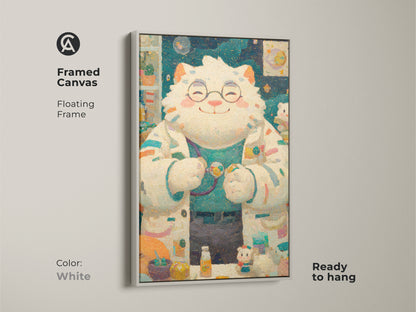 Framed canvas art showcasing a cat doctor with glasses and lab coat. A white floating frame enhances this ready to hang artwork. This charming piece is a delightful addition to any room. Ideal for kids or playful spaces.