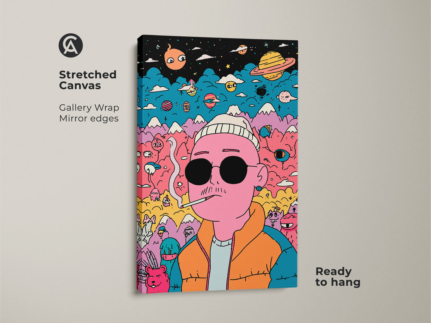 Stretched canvas art print ready to hang. The artwork features a pink man smoking. He has sunglasses and a beanie. Planets mountains and creatures fill the background. The gallery wrap and mirror edges give it a professional look. This colorful art adds personality to any room.