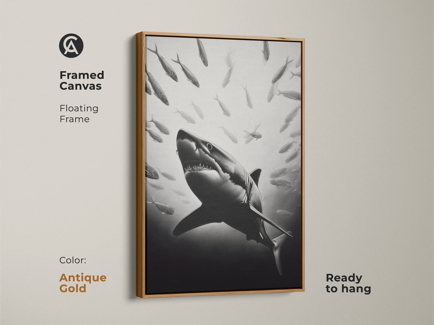 Framed canvas with floating frame in antique gold color. This monochrome shark canvas is ready to hang. The aquatic wall decor is a perfect statement piece for shark fans and marine life enthusiasts.