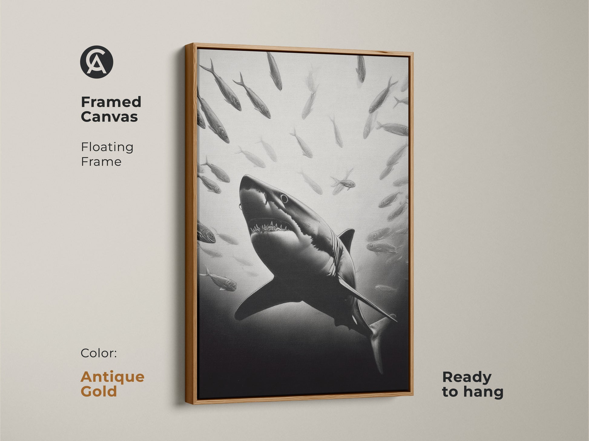 Framed canvas with floating frame in antique gold color. This monochrome shark canvas is ready to hang. The aquatic wall decor is a perfect statement piece for shark fans and marine life enthusiasts.