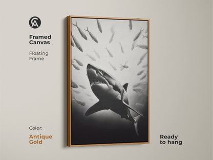 Framed canvas with floating frame in antique gold color. This monochrome shark canvas is ready to hang. The aquatic wall decor is a perfect statement piece for shark fans and marine life enthusiasts.