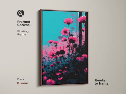 Brown framed canvas art featuring pink cosmos. This floral art print brings a touch of nature indoors. The teal botanical canvas enhances any space. The floating frame is ready to hang to elevate your room decor.