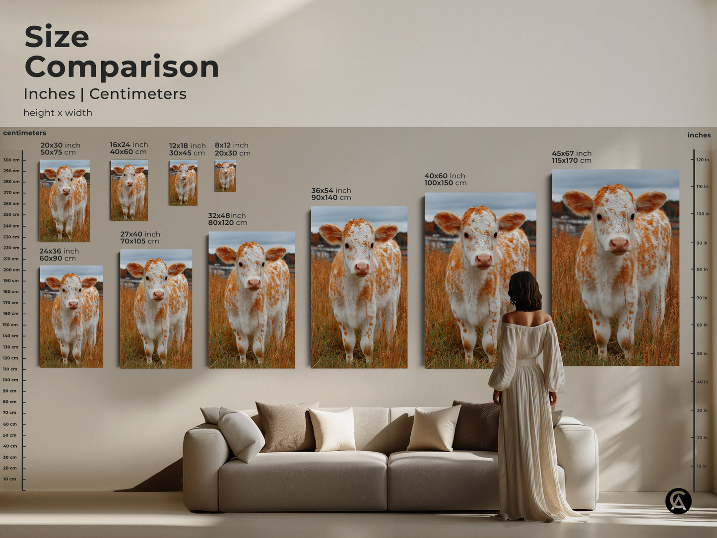 Size comparison chart for canvas and poster prints. See how different sizes of artwork will look in your home. Sizes range from 8x12 inches to 45x67 inches. Find the perfect size animal art for your space.