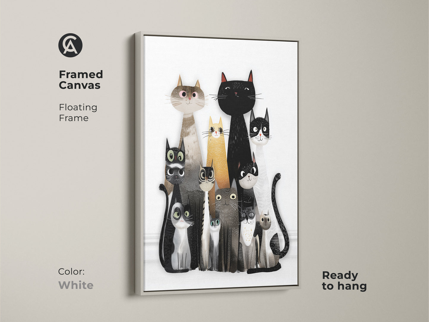 Framed Canvas of Cat Family Wall Art with a White Floating Frame. The cute animal artwork is ready to hang. Ideal for adding personality and warmth to any room making it a perfect gift for cat lovers.