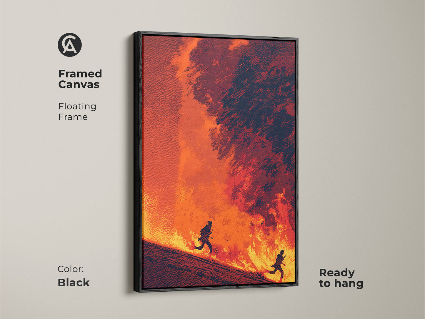 Framed canvas displaying abstract figurative artwork. The floating frame is sleek and black. The artwork shows figures running amidst intense flames. Ready to hang and enjoy.