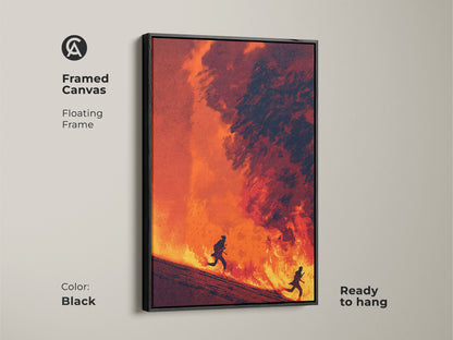 Framed canvas displaying abstract figurative artwork. The floating frame is sleek and black. The artwork shows figures running amidst intense flames. Ready to hang and enjoy.