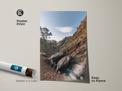 Poster print of a scenic mountain view featuring gnarled trees. This sky blue nature photography captures a rustic landscape. Easy to frame this outdoor adventure art. An ideal gift for hikers. Perfect for adding wilderness photography to any home or office.