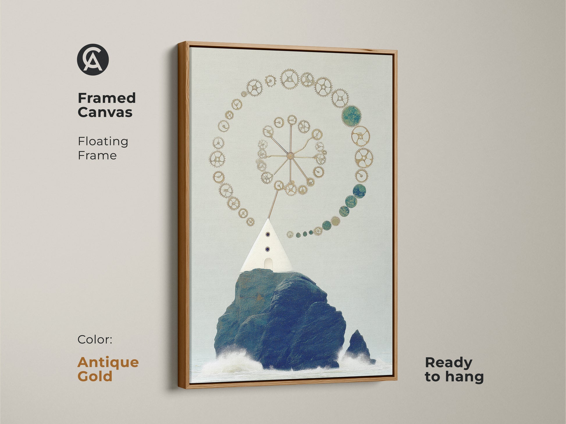 Steampunk lighthouse framed canvas in antique gold.  The floating frame showcases this surreal nautical art. The artwork features navy blue gold and teal tones. It's a unique home office addition and ready to hang.