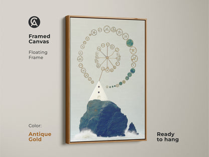 Steampunk lighthouse framed canvas in antique gold.  The floating frame showcases this surreal nautical art. The artwork features navy blue gold and teal tones. It's a unique home office addition and ready to hang.