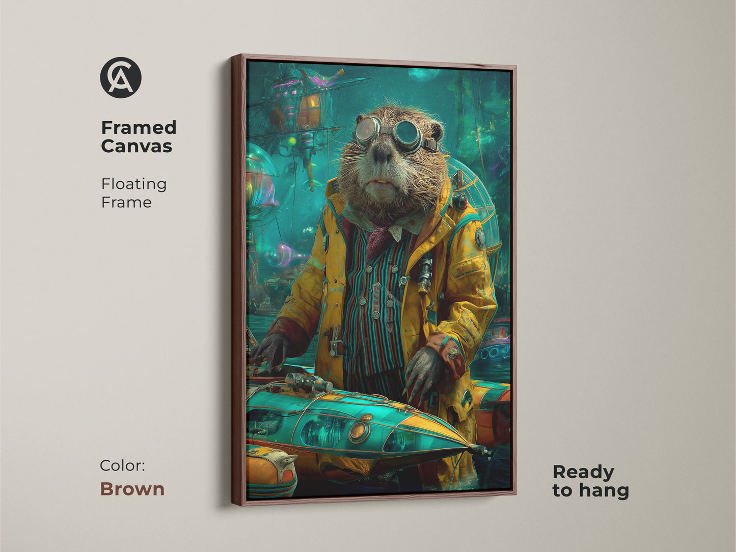This framed steampunk otter artwork is ready to hang. The brown floating frame highlights the vibrant colors. The submarine animal artwork is an eclectic wall decor addition. This unique office wall art is a conversation starter.