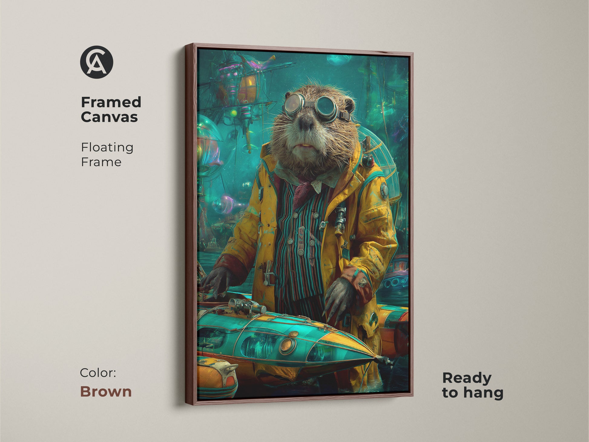 This framed steampunk otter artwork is ready to hang. The brown floating frame highlights the vibrant colors. The submarine animal artwork is an eclectic wall decor addition. This unique office wall art is a conversation starter.