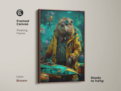 This framed steampunk otter artwork is ready to hang. The brown floating frame highlights the vibrant colors. The submarine animal artwork is an eclectic wall decor addition. This unique office wall art is a conversation starter.