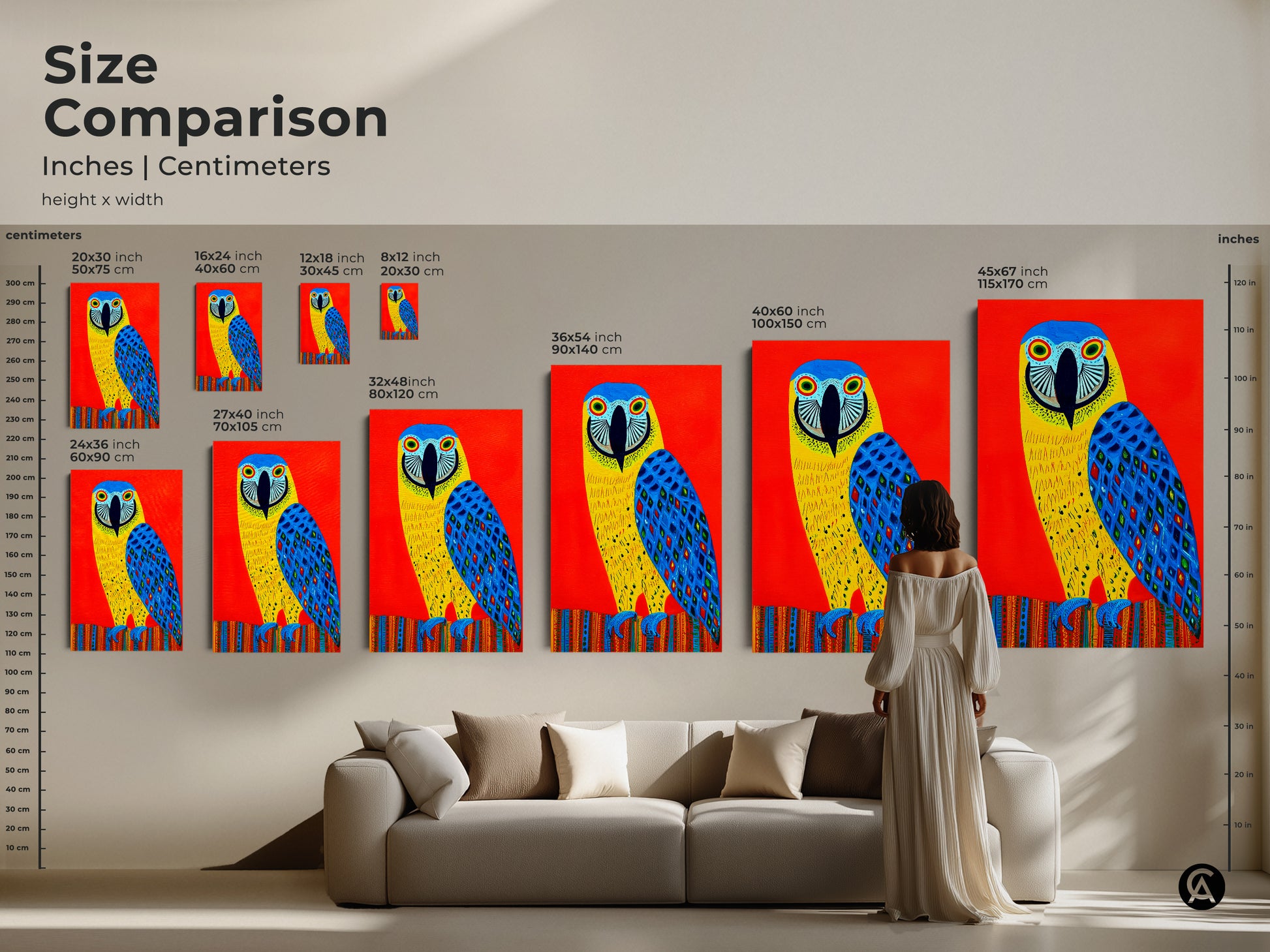 Size comparison of folk art macaw prints. Vibrant tropical bird artwork shown in various sizes. See how this colorful canvas art enhances any room setting. Perfect bird lover gift.