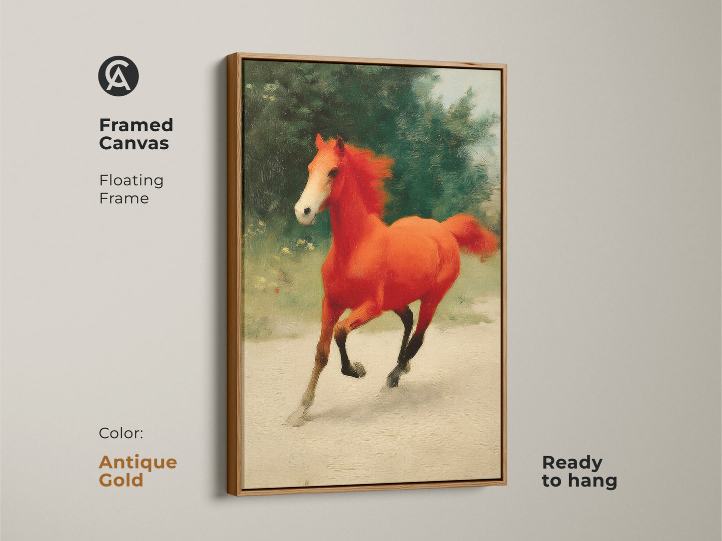 Framed canvas print of a galloping orange horse. The equine artwork features a floating antique gold frame. This fine art horse wall hanging is ready to hang. It adds a bold splash of color to any room. Ideal for eclectic homes.