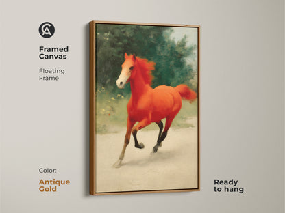 Framed canvas print of a galloping orange horse. The equine artwork features a floating antique gold frame. This fine art horse wall hanging is ready to hang. It adds a bold splash of color to any room. Ideal for eclectic homes.