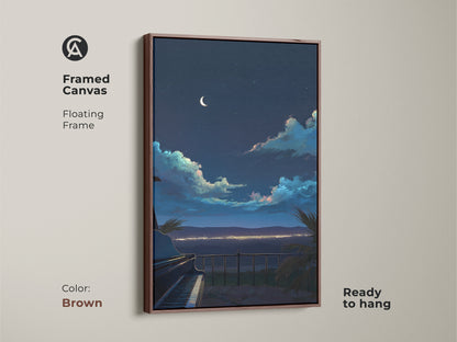 Framed canvas art featuring a grand piano and night sky. This eclectic music room decor features a floating brown frame. The atmospheric night art is ready to hang.