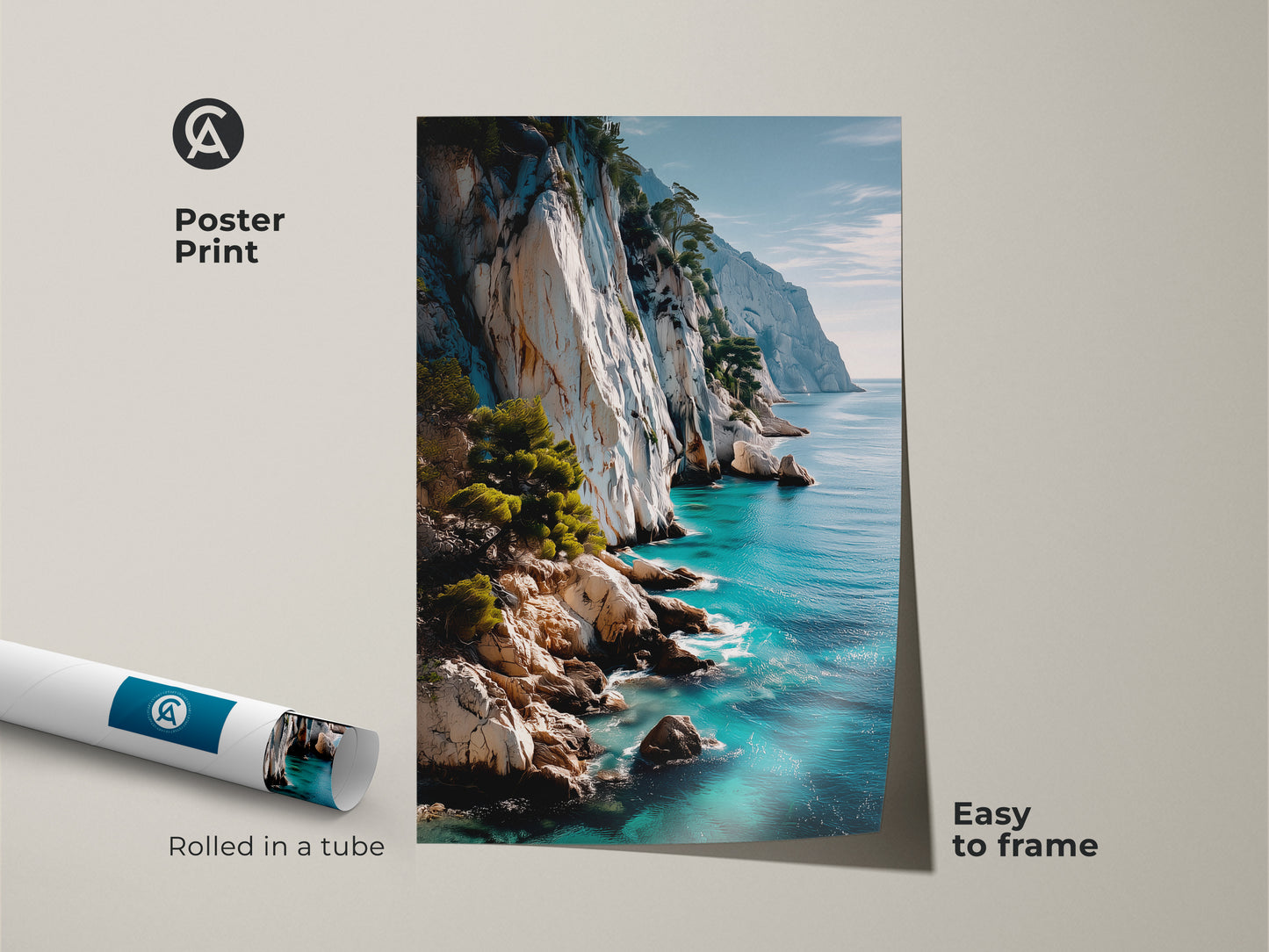 Easy to frame poster print of a coastal turquoise blue seascape. This rolled nature artwork features a photorealistic view of cliffs and ocean. It's a scenic landscape perfect for any room. Bring the beauty of the Mediterranean to your home. A great housewarming gift.