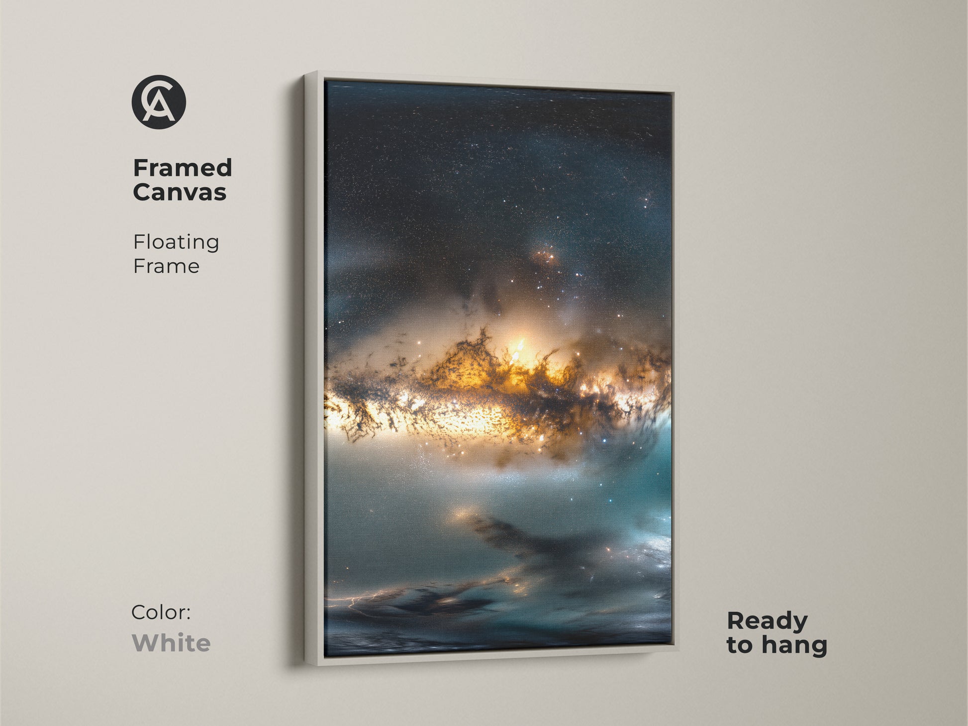 White framed canvas featuring stunning space nebula artwork. This floating frame enhances the depth of the canvas. Ready to hang this framed art adds sophistication to any space. Perfect for adding a cosmic touch to your wall decor.