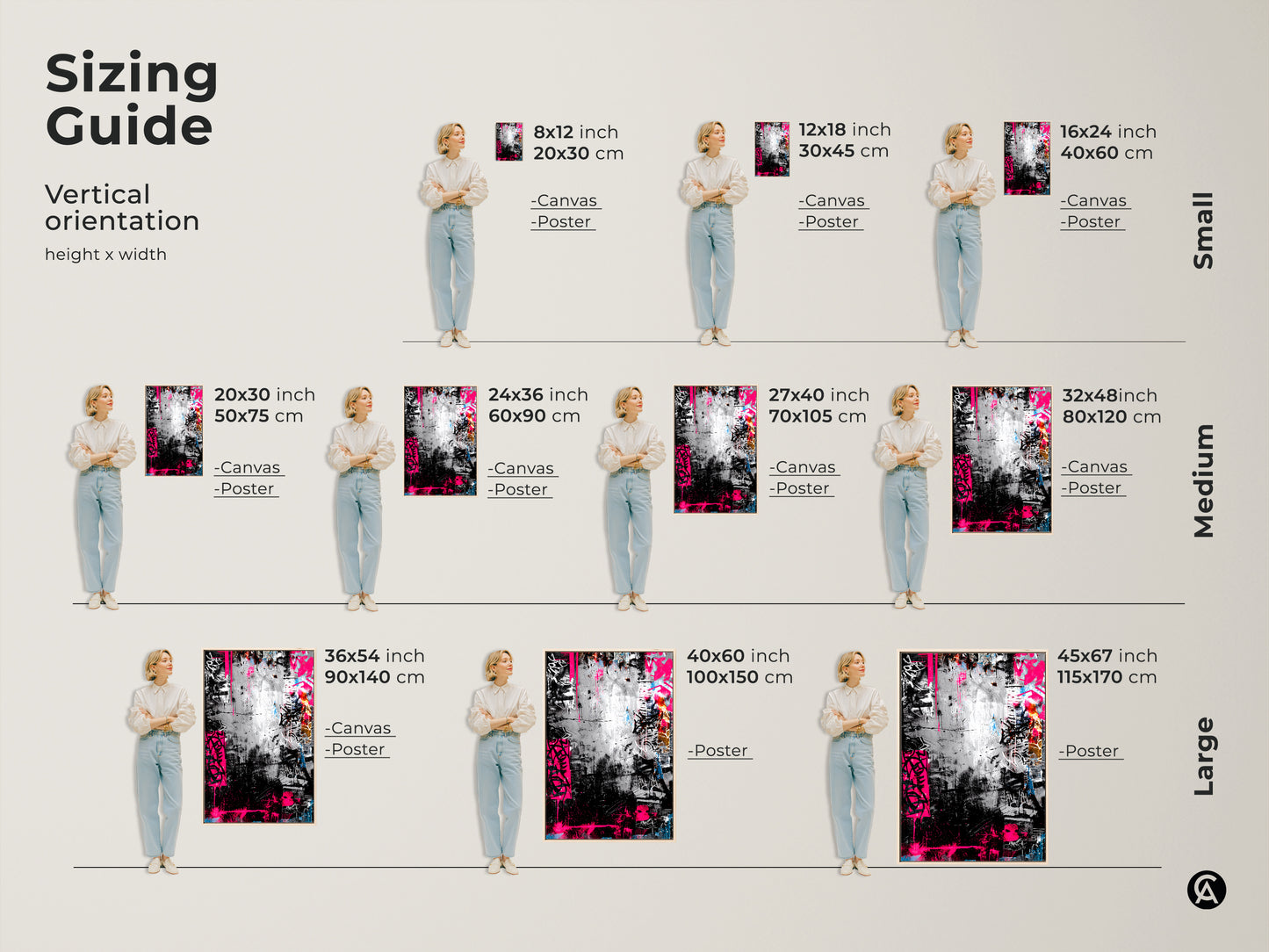 Sizing guide for vertical graffiti artwork. Available on canvas or as a poster. Find the perfect fit for your space from small to large sizes. Transform your walls with this urban-inspired art.
