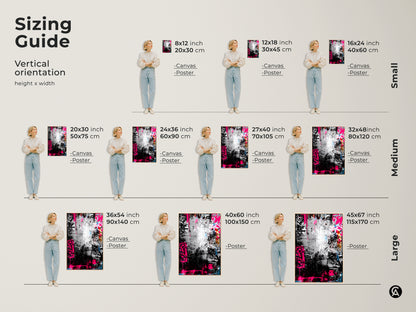 Sizing guide for vertical graffiti artwork. Available on canvas or as a poster. Find the perfect fit for your space from small to large sizes. Transform your walls with this urban-inspired art.