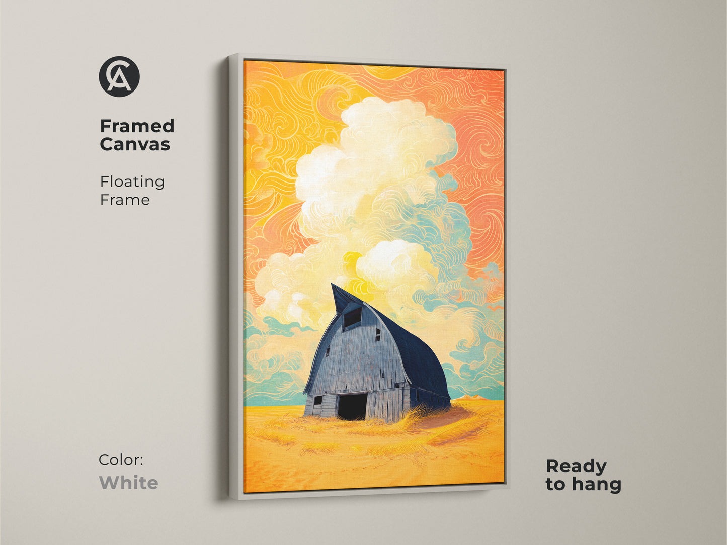 Framed canvas of a surreal barn artwork with a floating white frame. This stylized landscape print is ready to hang for easy display. Country home decor featuring yellow orange teal art. The eclectic farmhouse art piece brightens any interior with its unique charm.