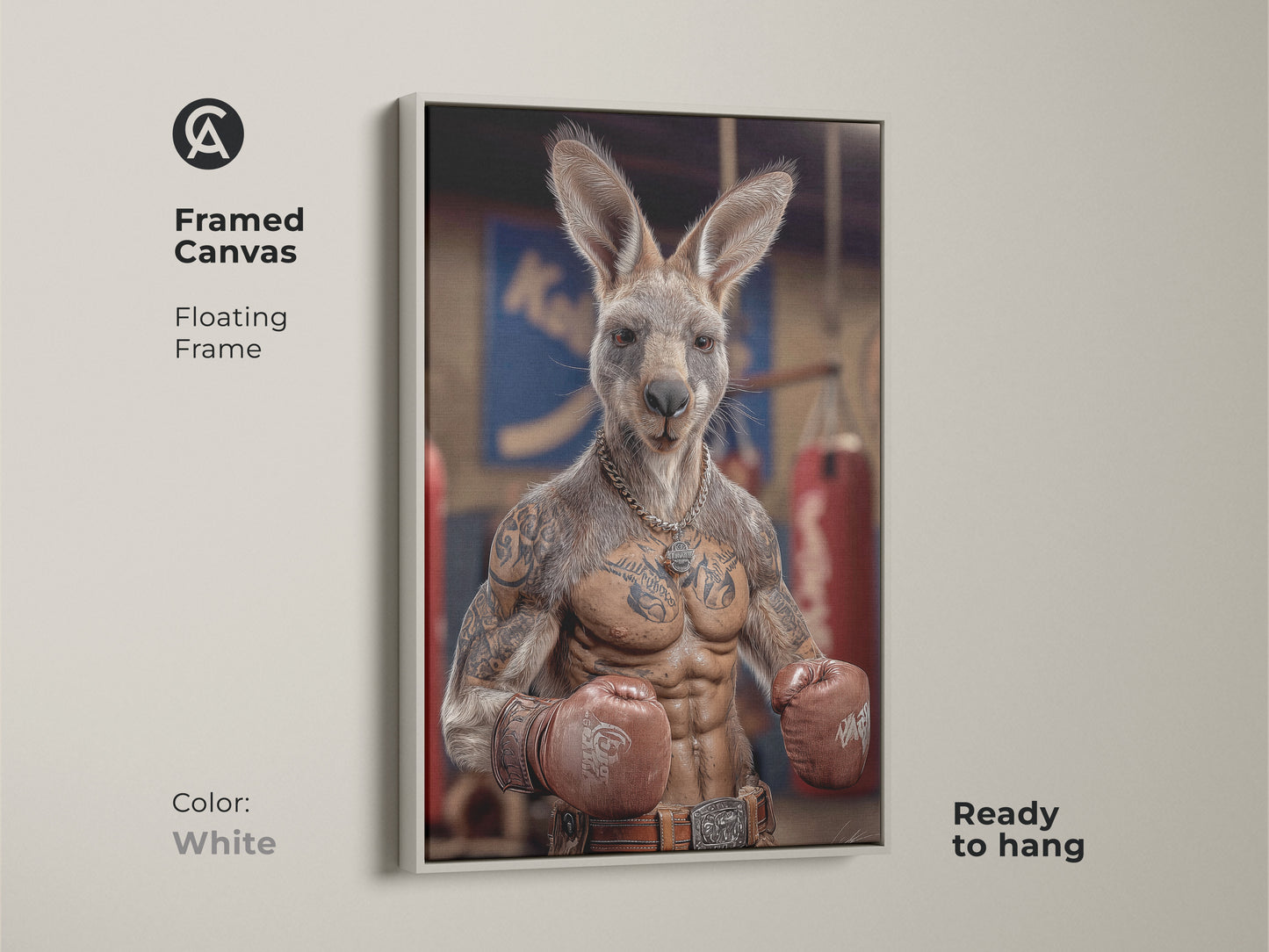 Framed canvas features a tattoo kangaroo boxer ready to hang. A white floating frame complements the humorous animal artwork. Ideal for man cave decor this photorealistic print suits boxing fans. The industrial artwork uses red gloves and a tan and brown color palette